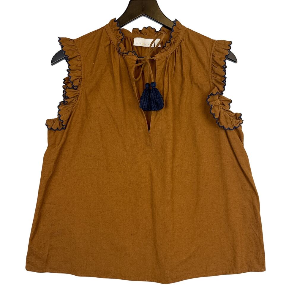 Happy X Nature Ruffled Cotton Linen Brown Blouse Top - S